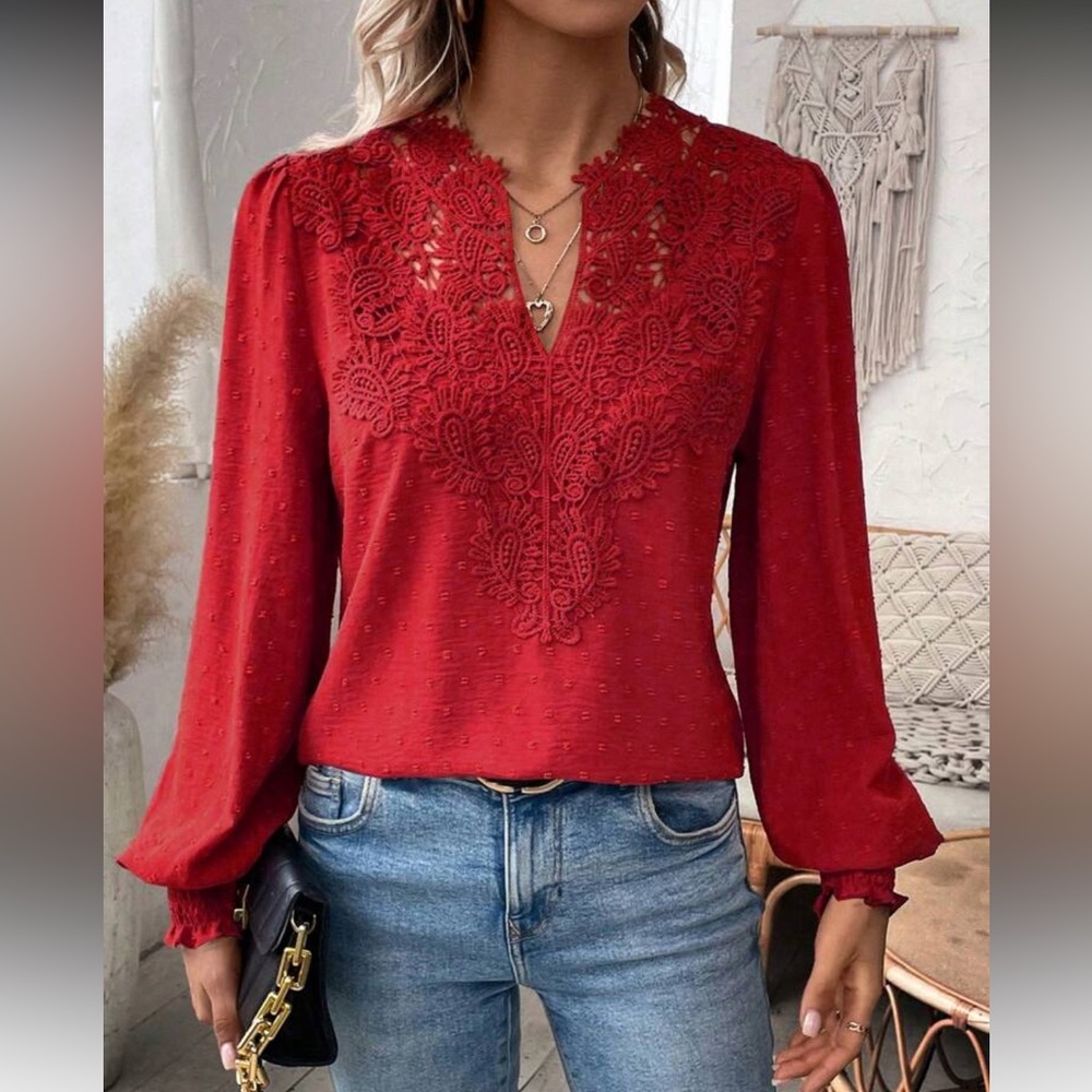 Elegant Red Swiss Dot Lace Blouse